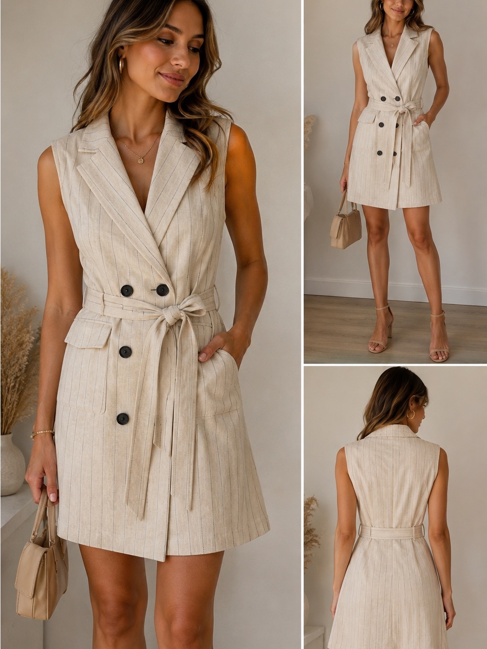 H&M Linen Blend Sleeveless Blazer Wrap Dress – Beige Pinstripe